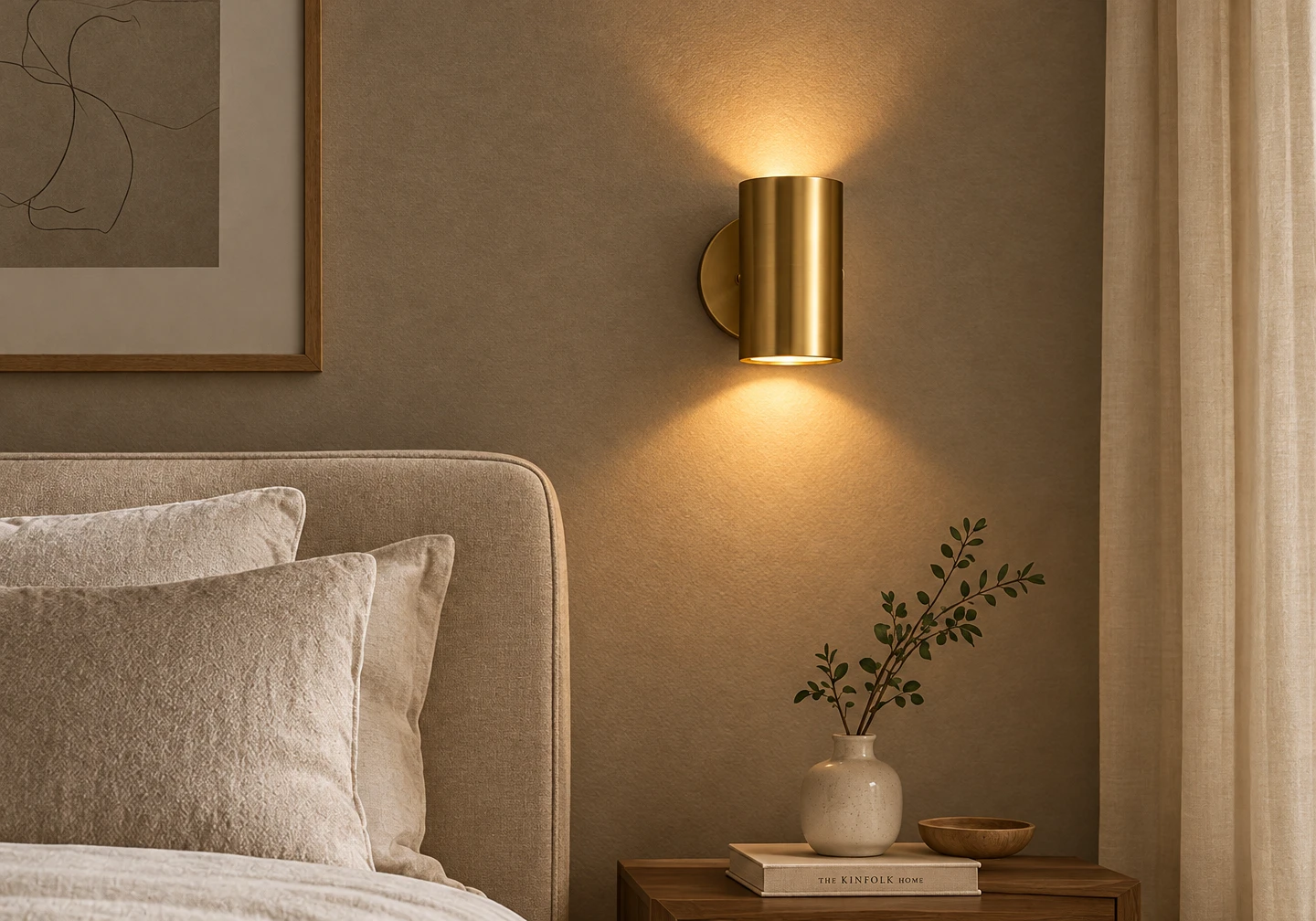 Illustration of a brass wall sconce glowing above a bedside table