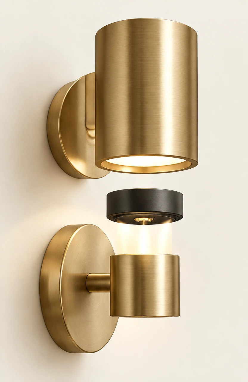 Concept illustration of the sconce with its removable charging module lifted away